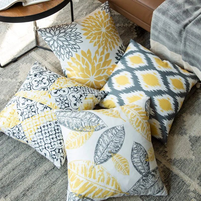 Yellow and Gray Geometric Polyester Square Throw Pillow Set