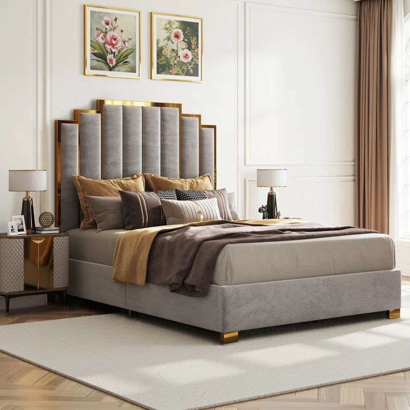 Gray Velvet Queen Bed Frame with Gold Trim and Headboard