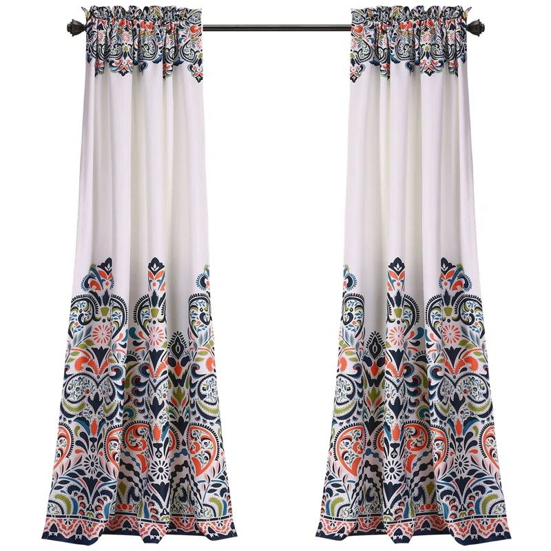 Navy and Tangerine Damask Pattern Blackout Drapes, Set of 2