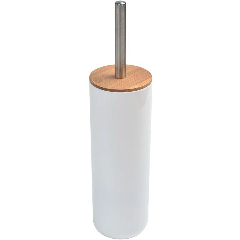 White and Bamboo Toilet Brush Holder with Stainless Steel Handle