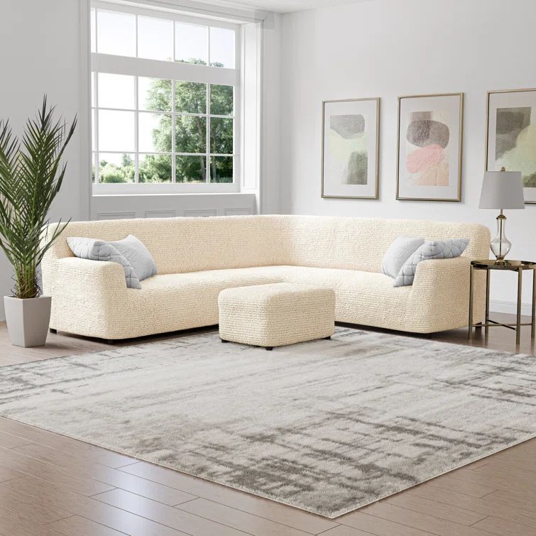 Cream Stretch Polyester Corner Sofa Slipcover