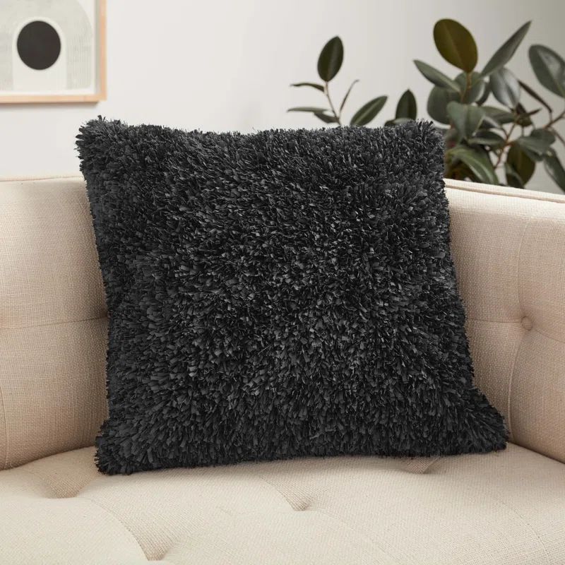 Black Polyester Shag Ribbon 22" Square Pillow Cover