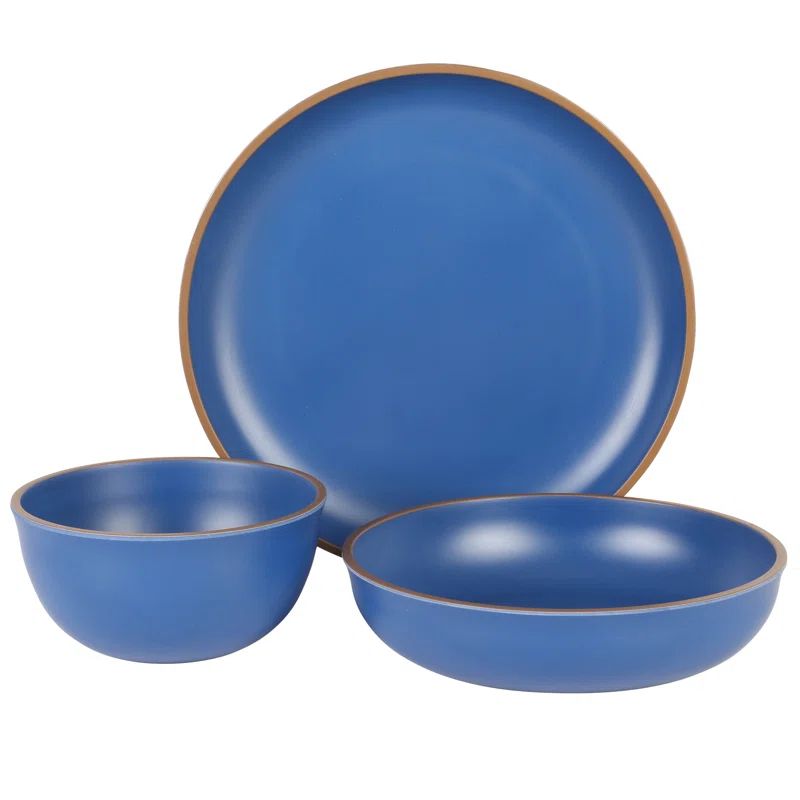 Matte Blue Melamine 12-Piece Double Bowl Dinnerware Set
