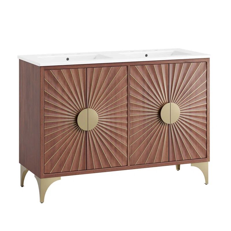 Daylight 48" Double Sink White Walnut Bathroom Vanity with Brass Base