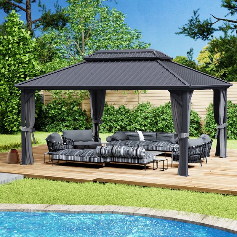 Caesar 12-ft x 16-ft Gray Aluminum Permanent Hardtop Gazebo with Netting