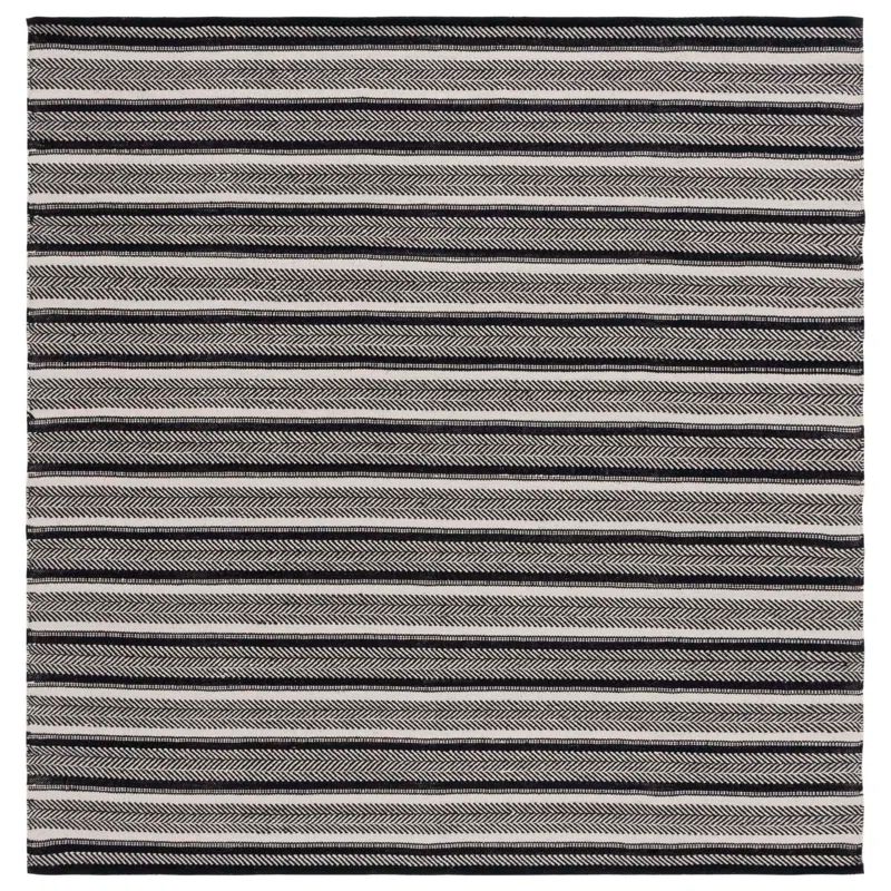 Ivory and Black Flatweave Cotton Striped 6' Square Rug