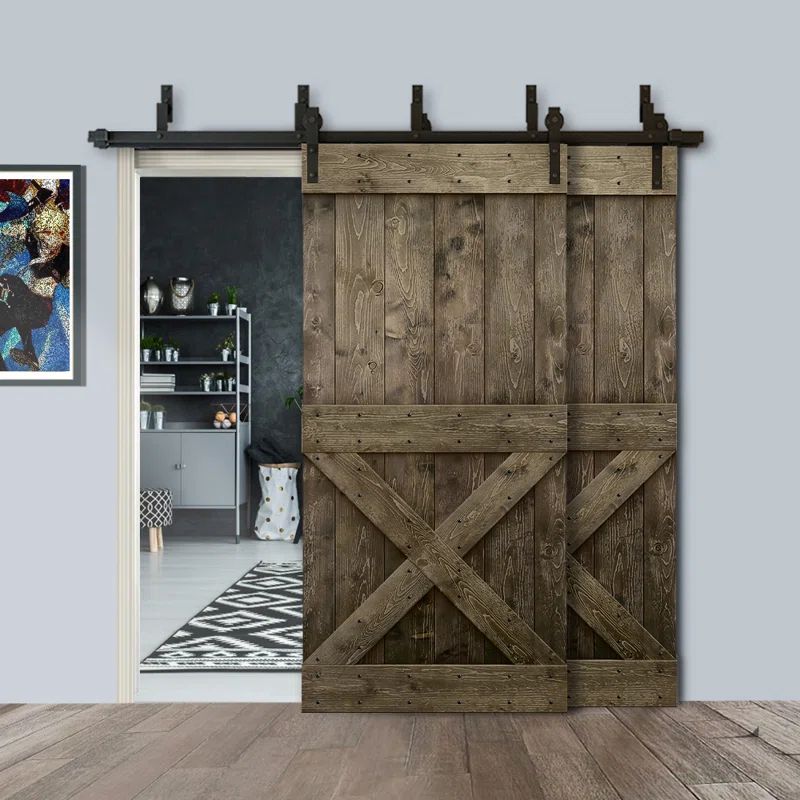 Espresso Knotty Pine Double Bypass Barn Door with Black Hardware
