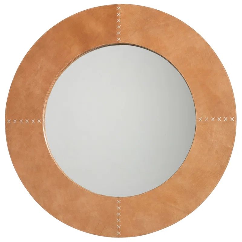 Round Brown Leather Wall Mirror with Cross Stitch