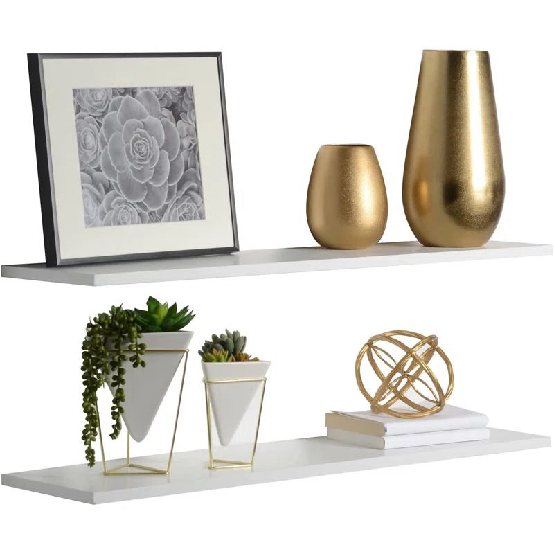 White Ultra Slim Floating Wood Wall Shelves, Set of 2