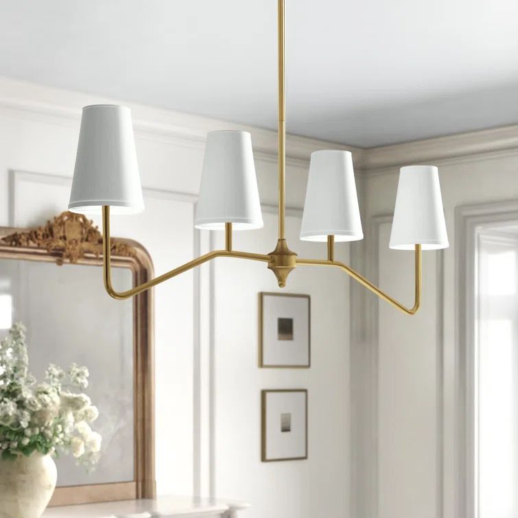 Natural Brass 4-Light Linear Chandelier with White Fabric Shades