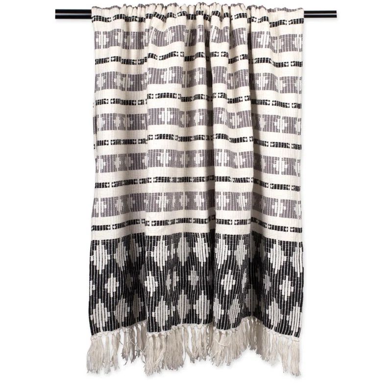 Full Black and Gray Cotton Throw Blanket with Fringe
