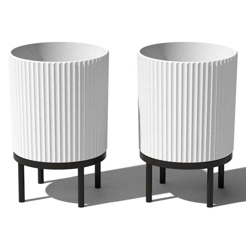 White and Black Concrete-Composite Planter with Acacia Stand, 16" - Set of 2