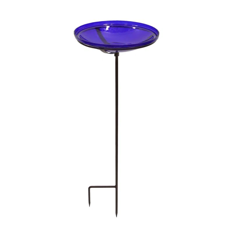Cobalt Blue Hand Blown Glass Birdbath with Iron Stake