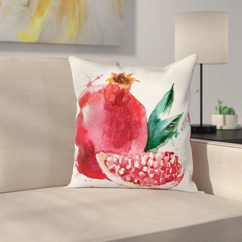 Pomegranate Watercolor Print Square Throw Pillow Cover 24 x 24 Inches