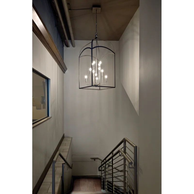 Aged Zinc Nickel Cage Chandelier with Clear Glass Panels