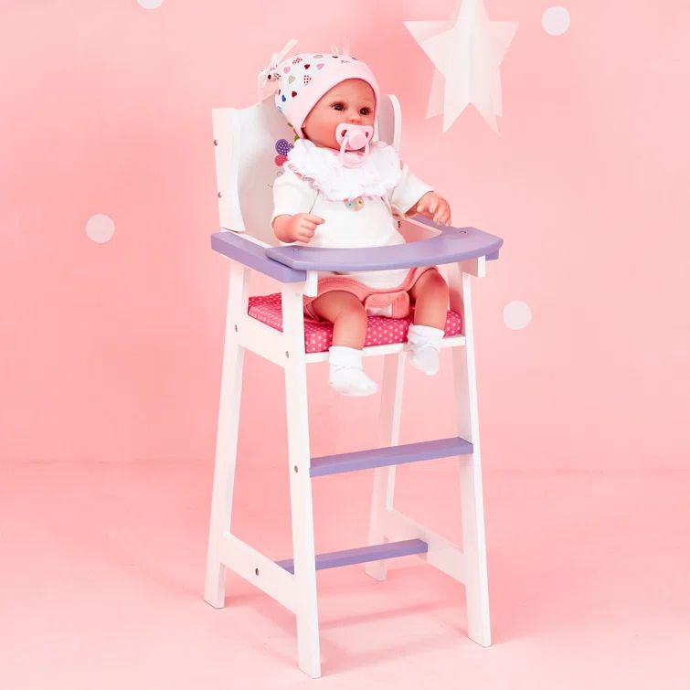 White and Purple Wooden Baby Doll High Chair with Pink Cushion