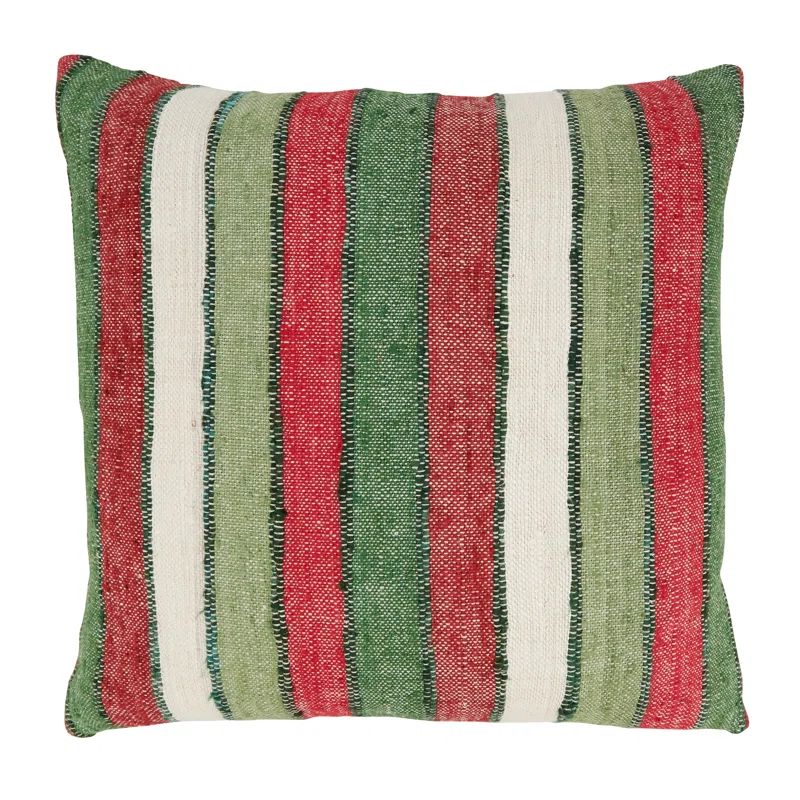 Red and Green Striped Cotton Square Throw Pillow