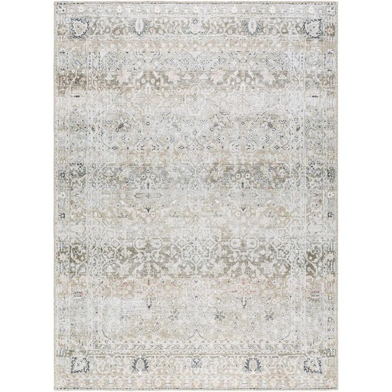 Sage Green Polyester Washable Traditional Area Rug, 3'3" x 4'11"