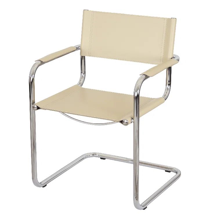 Creme Leather and Chrome Metal Cantilever Accent Chair