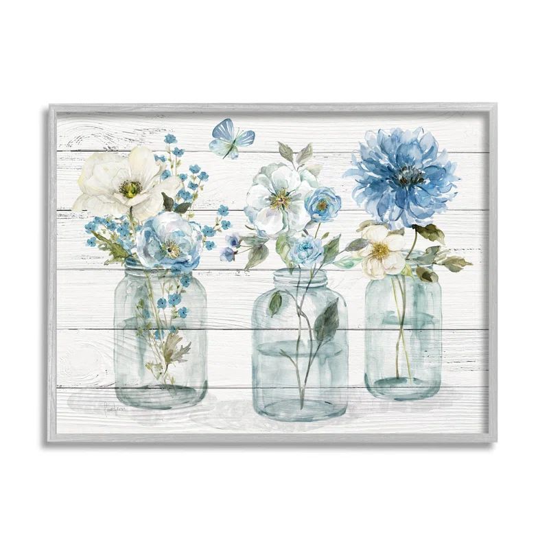 Blue and White Botanical Floral Canvas Art with Wood Frame