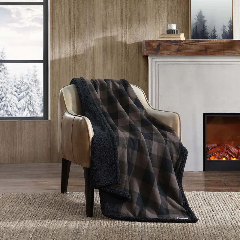 Brown Plaid Reversible Sherpa Cotton Throw Blanket