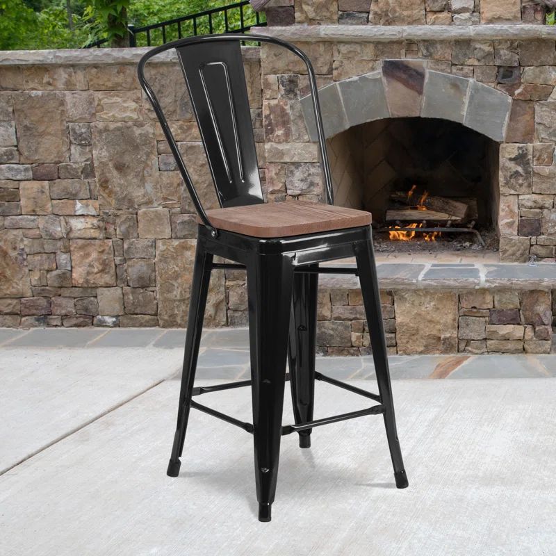 Rustic Black Metal & Brown Wood Counter Stool with Slat Back