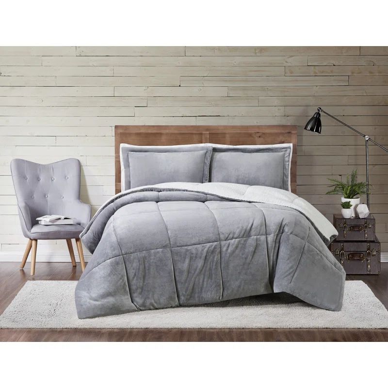 Gray Twin XL Reversible Microfiber Bedspread Set with Sherpa