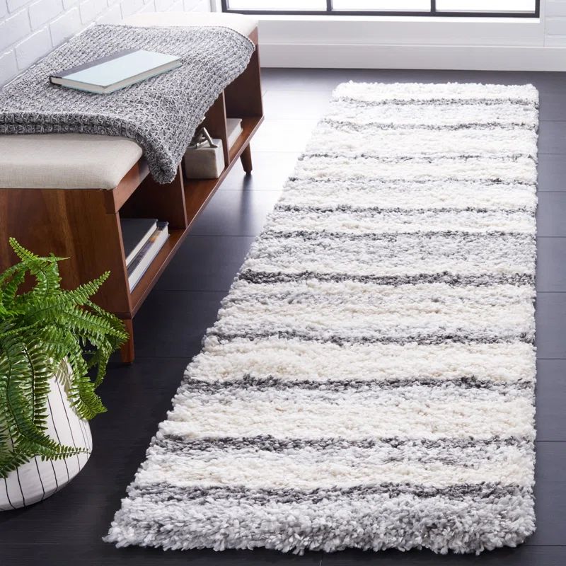 Ivory and Grey Hand-knotted Shag Runner Rug