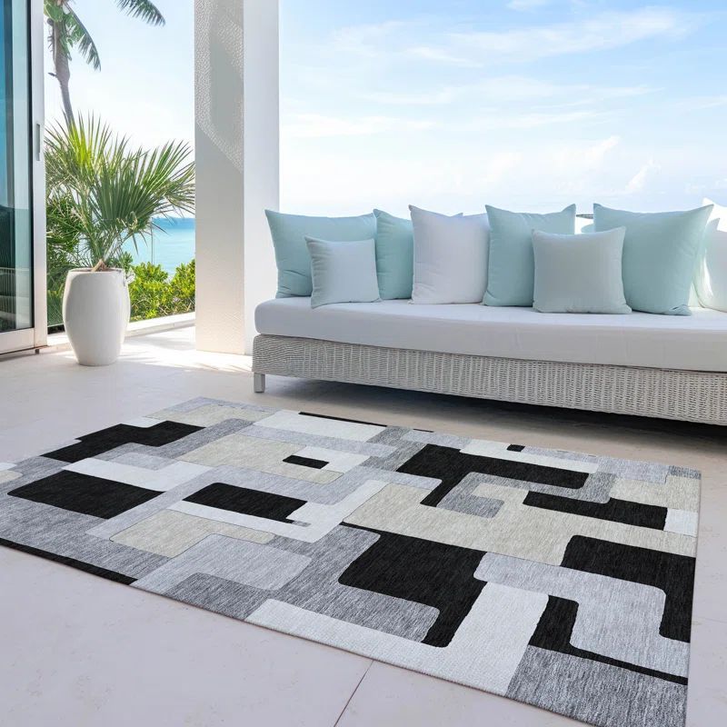 Black Geometric Washable Synthetic Rectangular Rug 2'6" x 3'10"