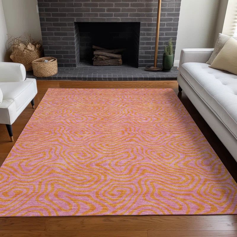 Pink Rectangular Washable Synthetic Flat Woven Rug