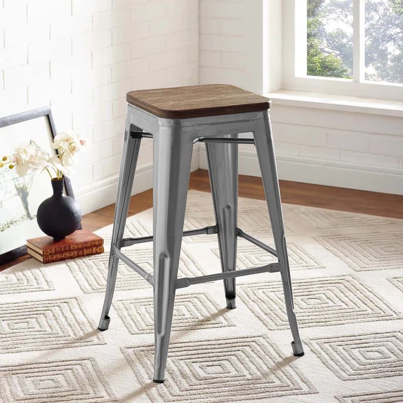Gunmetal Industrial Metal and Bamboo Backless Counter Stool