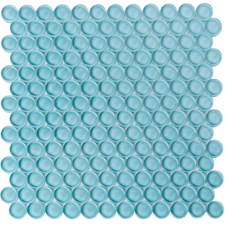 Sky Blue Penny Round Polished Glass Mosaic Tile 12'' x 12''