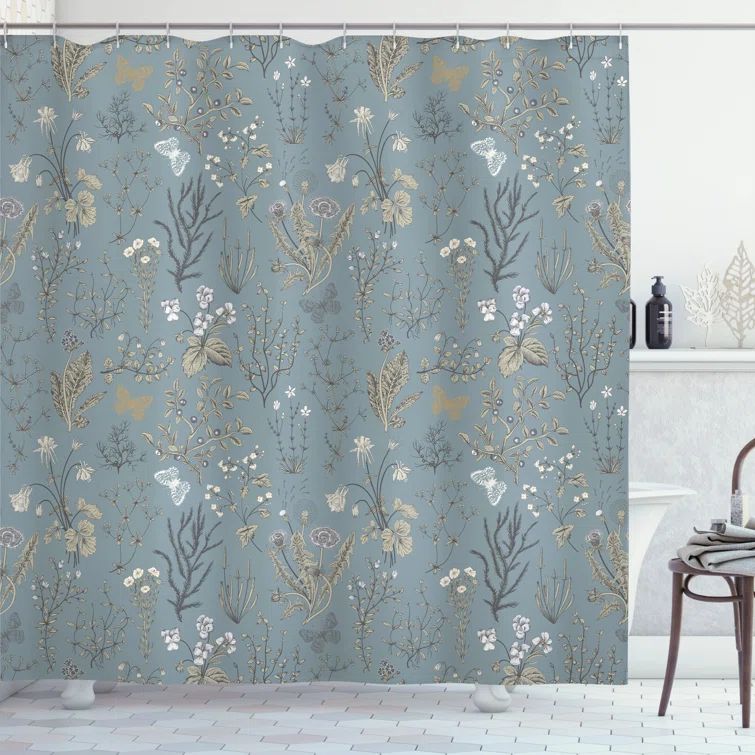 Dark Cadet Blue Floral Fabric Shower Curtain with Hooks
