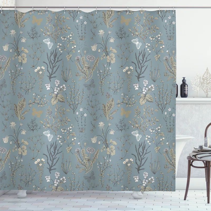 Dark Cadet Blue Floral Fabric Shower Curtain with Hooks
