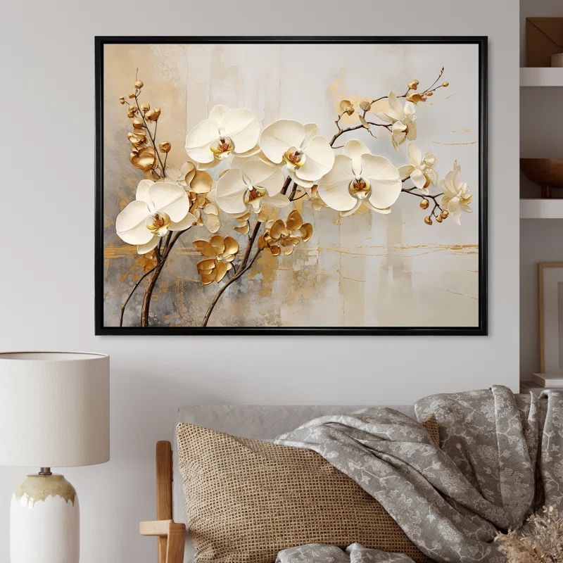 Minimalist Beige and Gold Orchids Canvas Print with Black Frame