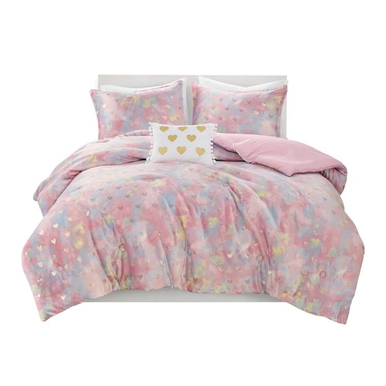 Full Pink Multi/Gold Microfiber Plush Comforter Set with Decorative Pillow