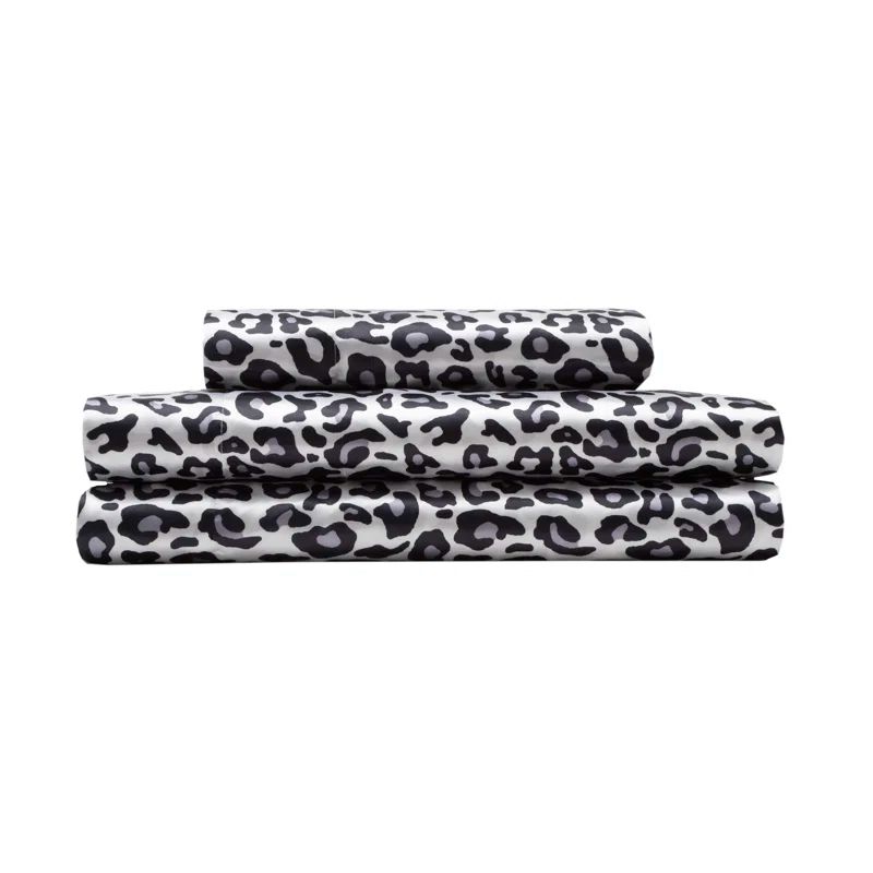 Twin Silver Snow Leopard Print Satin Sheet Set