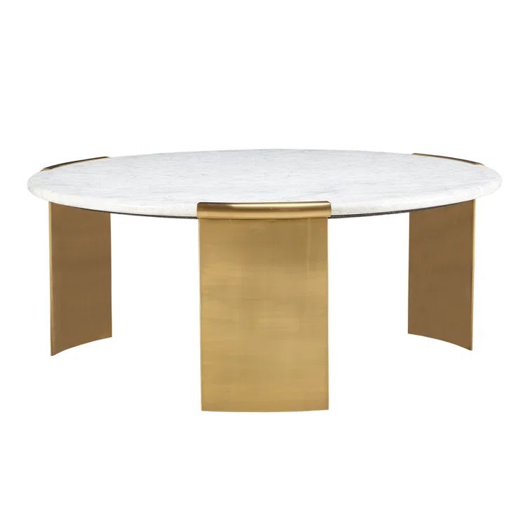 Large Round White Carrara Marble Top Coffee Table with Brass Metal Legs