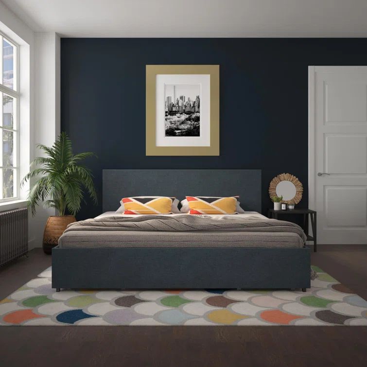 Elegant Navy Blue Linen Queen Storage Bed with Upholstered Headboard