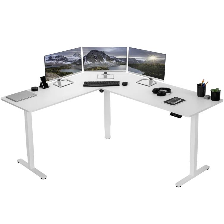 VIVO White L-Shaped Electric Corner Desk with Adjustable Height