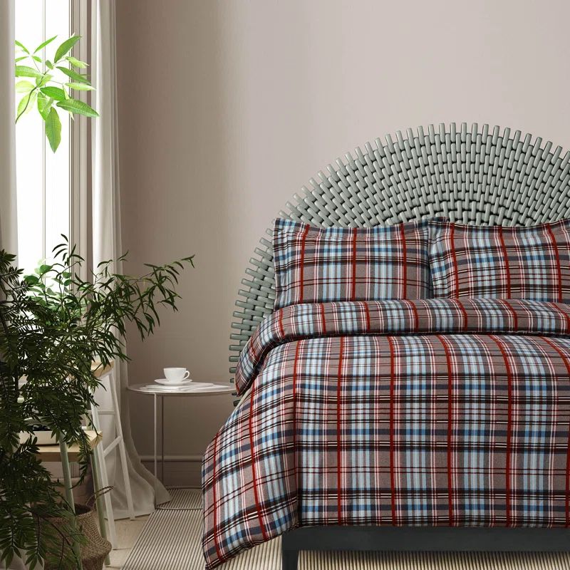 King Brown Plaid Cotton Flannel Duvet Cover Set