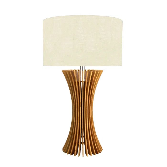 Teak and Off White Linen Hourglass Table Lamp