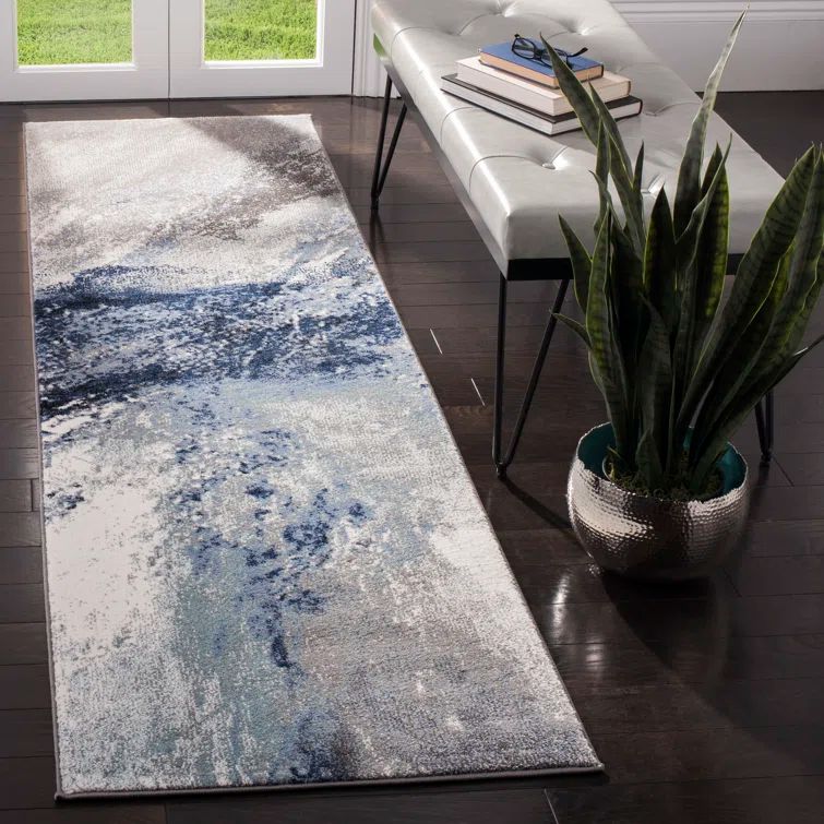 Celestial Blue Abstract Synthetic 2'3" x 20' Runner Rug