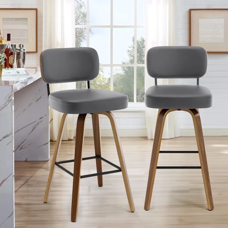 Gray Faux Leather Swivel Bar Stools with Walnut Wood Legs, Set of 2
