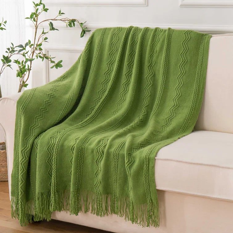 Green Knitted Machine Washable Throw Blanket with Tasseled Ends