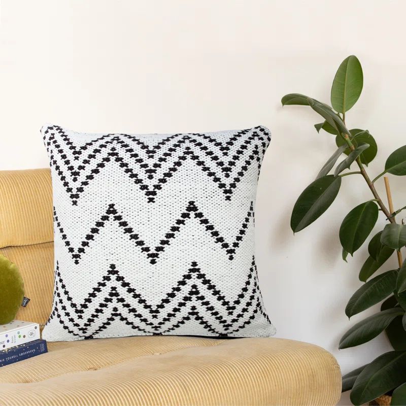 Hand-Woven White and Black Chevron Cotton Square Pillow Cover