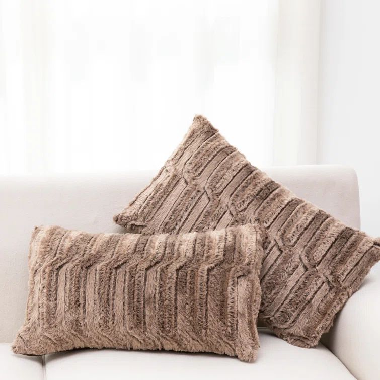 Luxurious Marble Chocolate Faux Fur Rectangular Throw Pillow Set