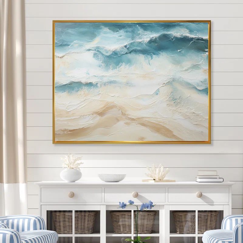 Modern Coastal Beige and Blue Canvas Beach Print with Gold Frame