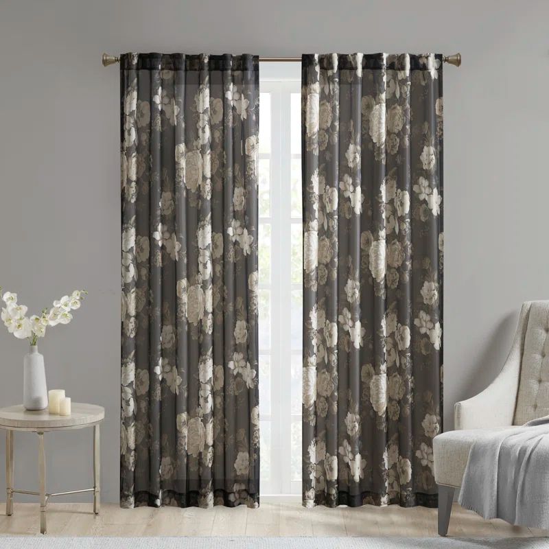 Gray Floral Sheer Rod Pocket and Back Tab Curtain Panel