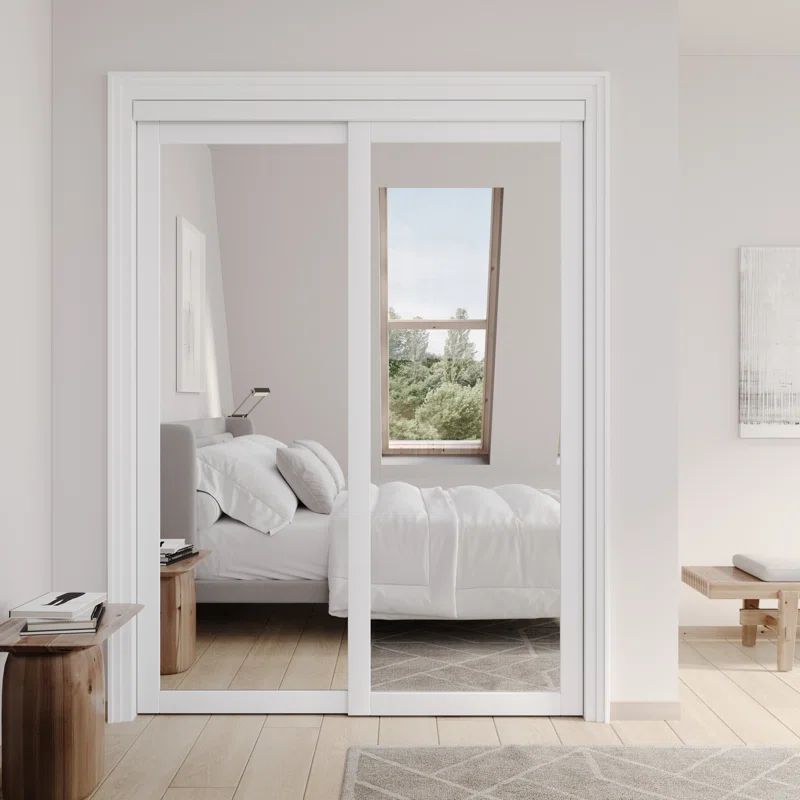 White Finished MDF Sliding Closet Door with Mirror Panels